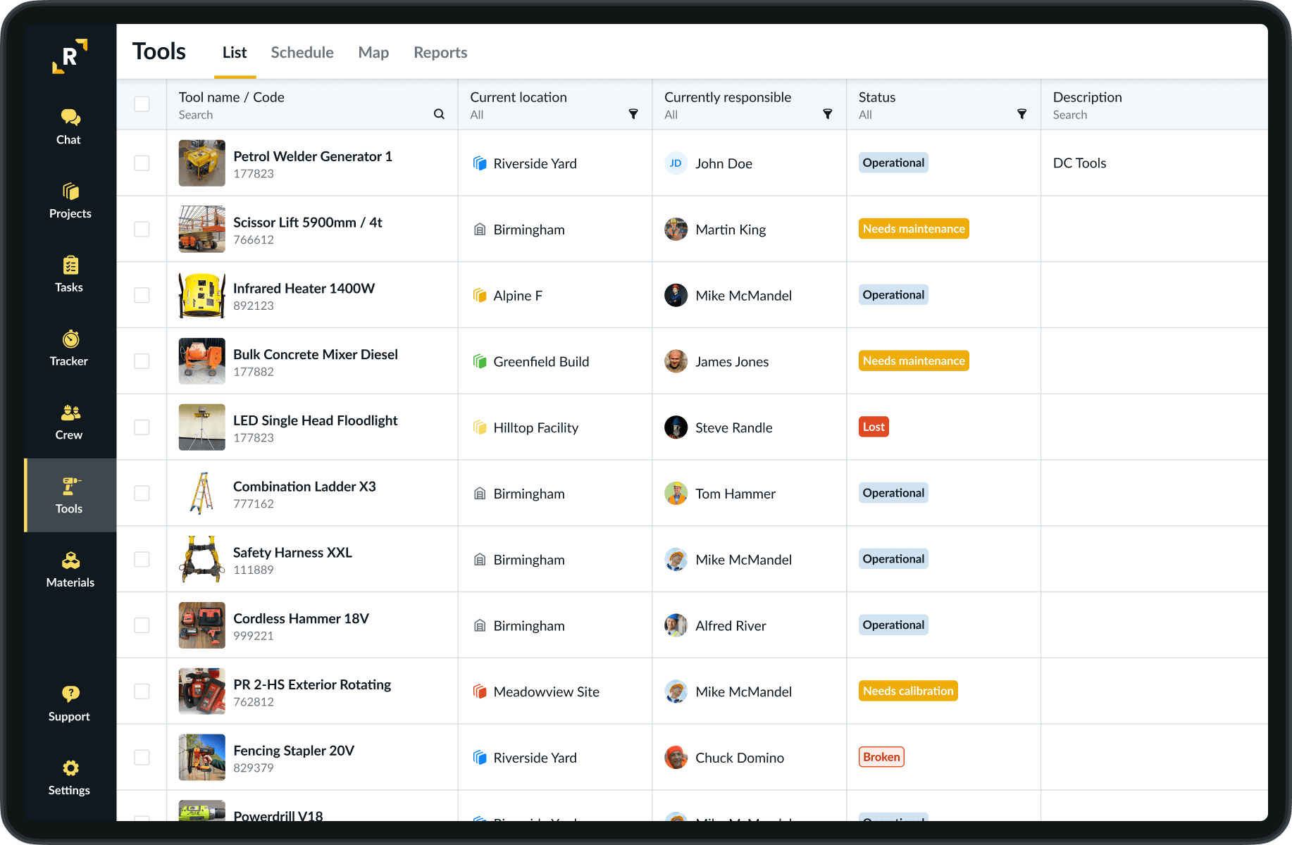 Remato Construction Asset Management List View